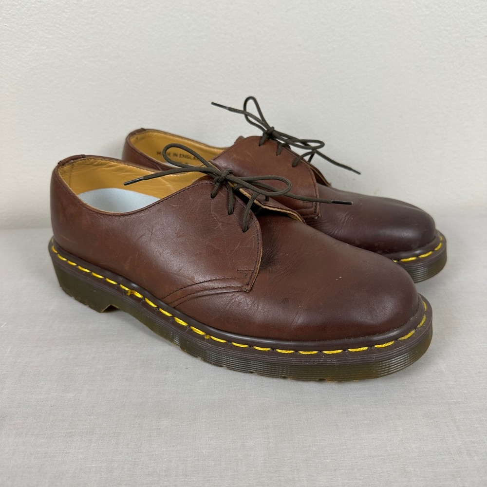 Dr. Martens Men's 8 Oxford Brown Leather Made in England 1461 Yellow Stitch
